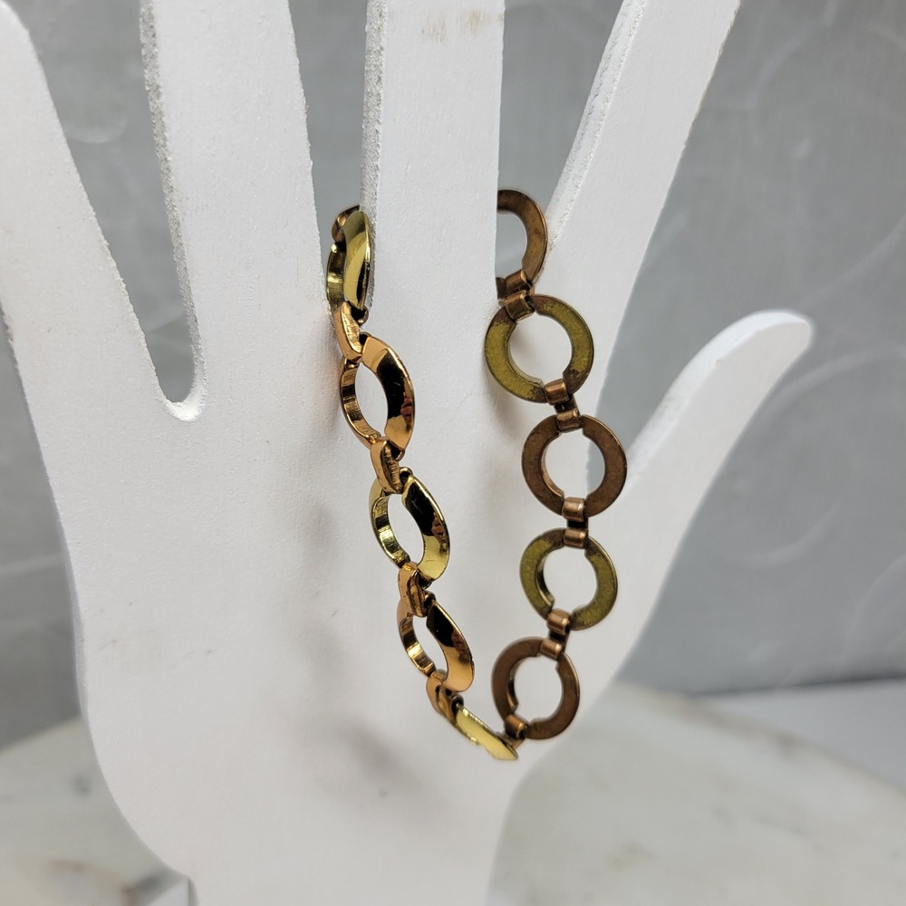 VTG 3 Tone Circle Link Bracelet Gold Rose Silver Geometric Unmarked Y2K Retro
